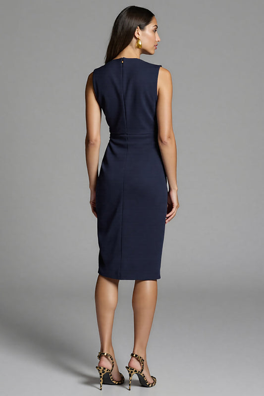 Navy Satin Ruched Midi Bodycon Work Dress