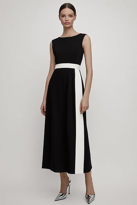 Black and White Satin A Line Bateau Neck Long Work Dress