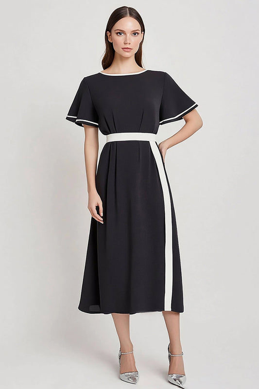 Black and White Satin A Line Midi Work Dress with Short Sleeves