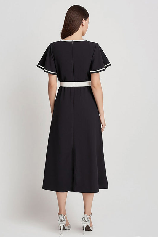 Black and White Satin A Line Midi Work Dress with Short Sleeves