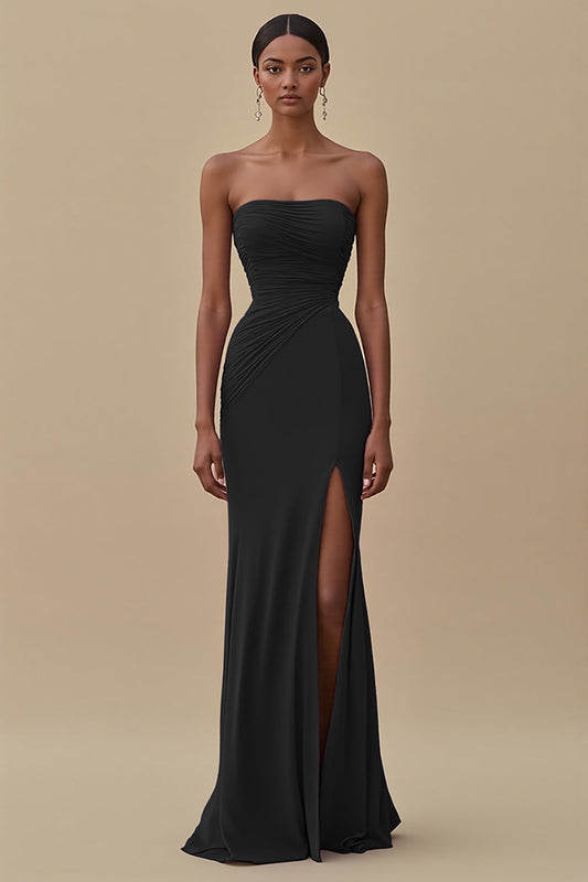 Elegant Black Sheath Chiffon Strapless Long Formal Dress with Slit