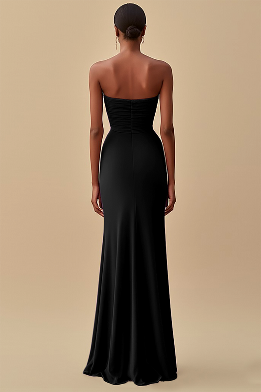 Elegant Black Sheath Chiffon Strapless Long Formal Dress with Slit