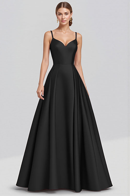 Black Satin A Line Spaghetti Straps Long Formal Dress