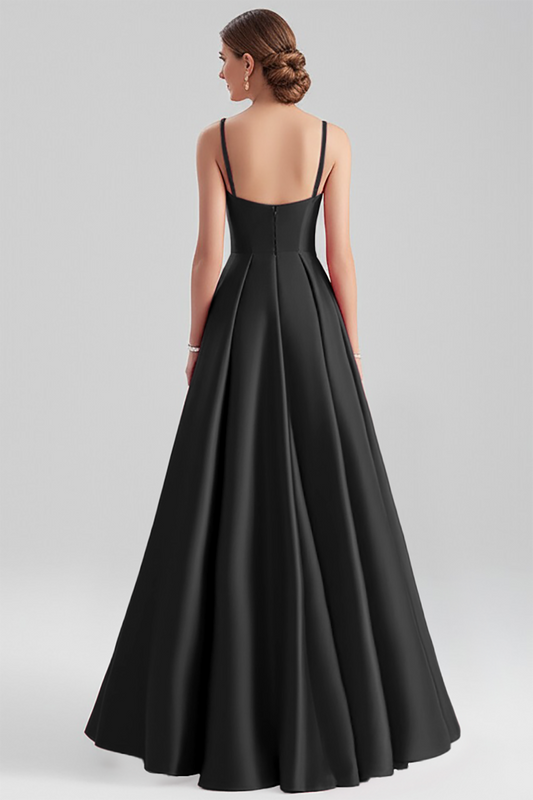 Black Satin A Line Spaghetti Straps Long Formal Dress