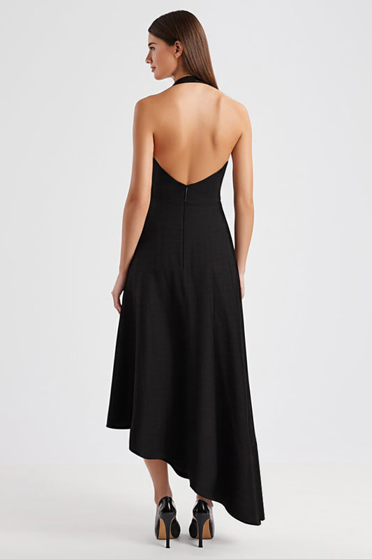 Satin Asymmetrical Halter Backless Long Black Tie Dress