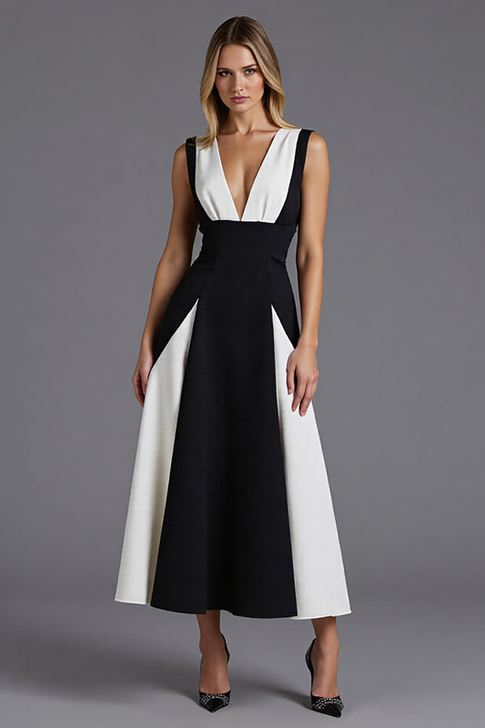 Black and White Patchwork Satin A Line V-Neck Long Formal Dress