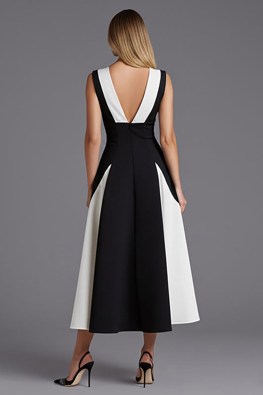 Black and White Patchwork Satin A Line V-Neck Long Formal Dress