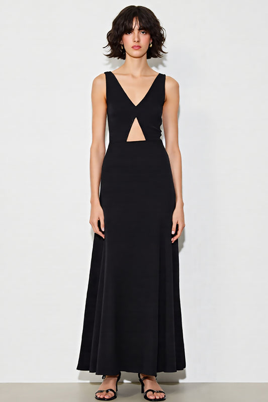 Satin A Line V-Neck Cut Out Long Black Tie Dress