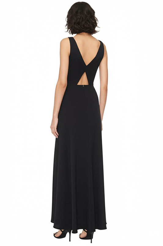 Satin A Line V-Neck Cut Out Long Black Tie Dress