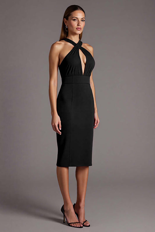 Black Satin Bodycon Halter Keyhole Midi Cocktail Dress
