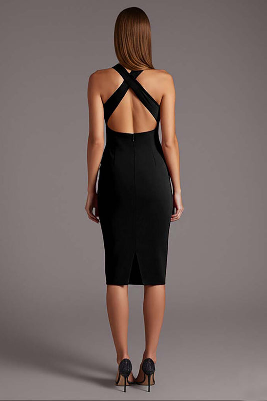 Black Satin Bodycon Halter Keyhole Midi Cocktail Dress