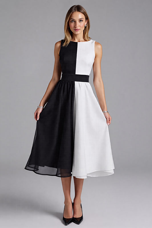 Black and White Patchwork Chiffon A Line Midi Cocktail Dress