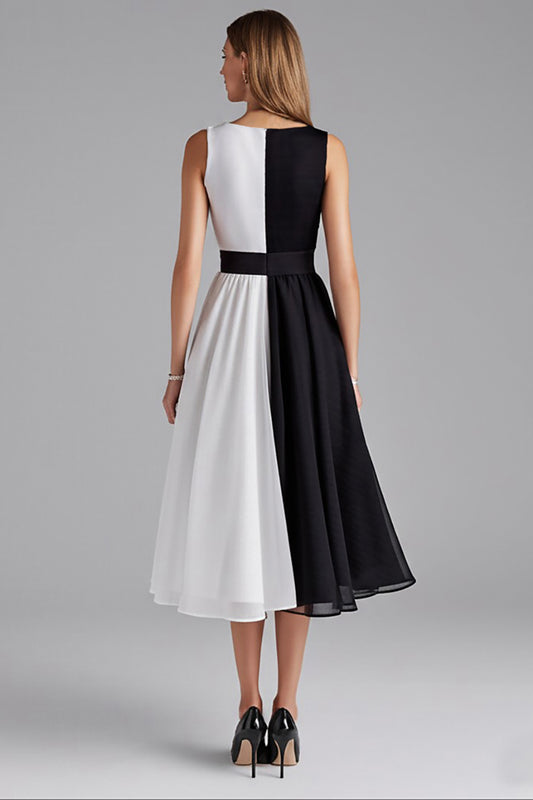 Black and White Patchwork Chiffon A Line Midi Cocktail Dress