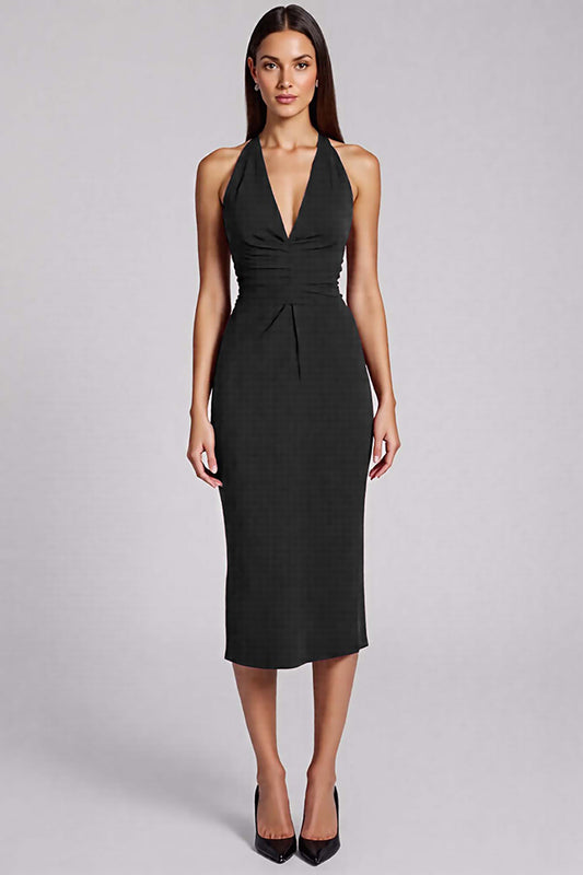 Black Satin Bodycon Halter Backless Midi Cocktail Dress