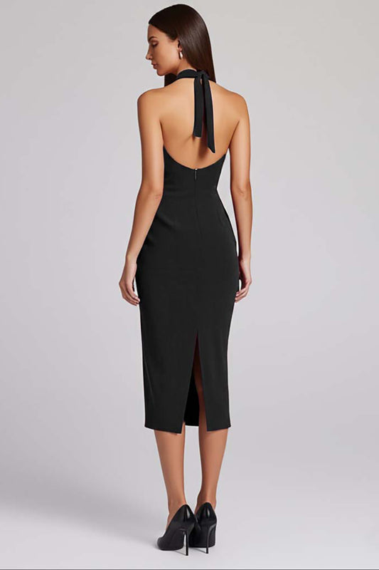 Black Satin Bodycon Halter Backless Midi Cocktail Dress