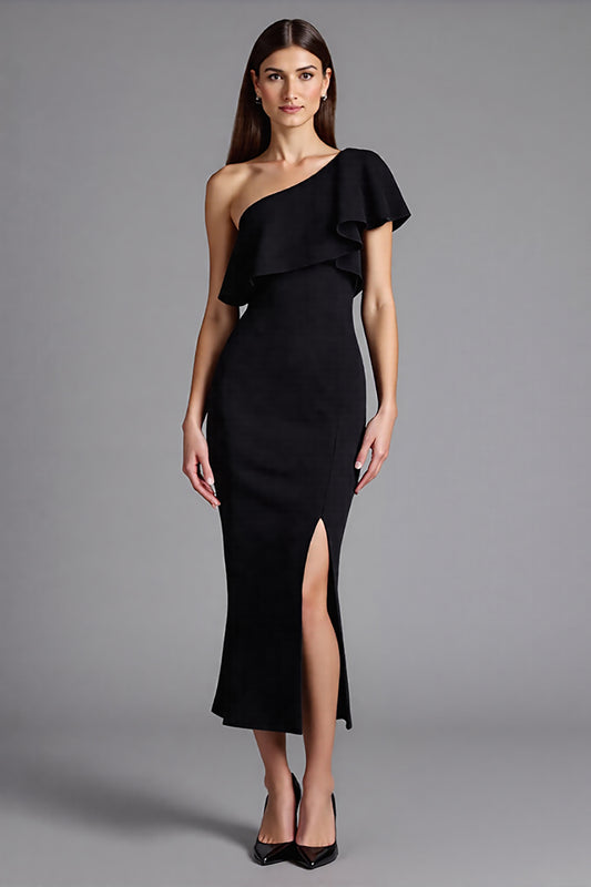 Satin One Shoulder Ruffled Long Black Tie Dress with Slit