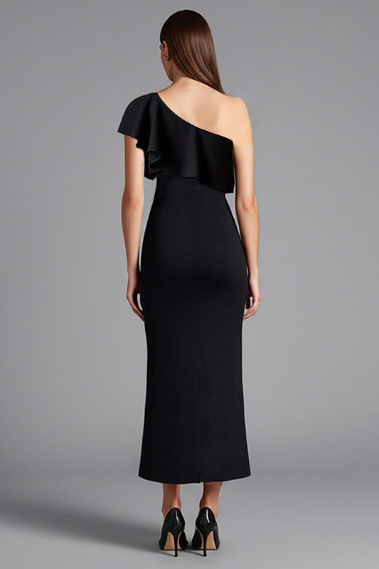 Satin One Shoulder Ruffled Long Black Tie Dress with Slit