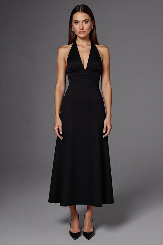 Satin A Line Halter Backless Long Black Tie Dress