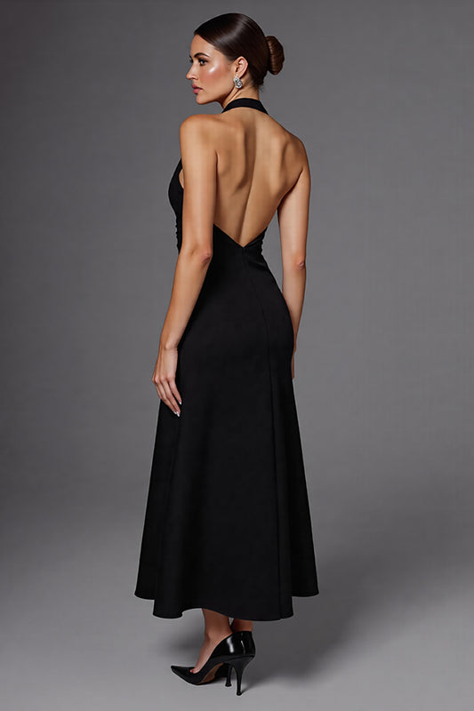 Satin A Line Halter Backless Long Black Tie Dress