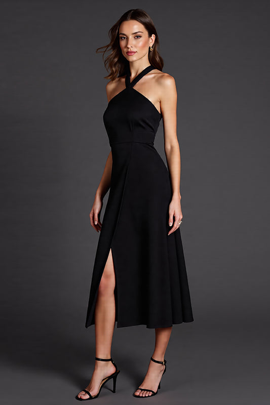 Black Satin Halter A Line Midi Cocktail Dress with Slit