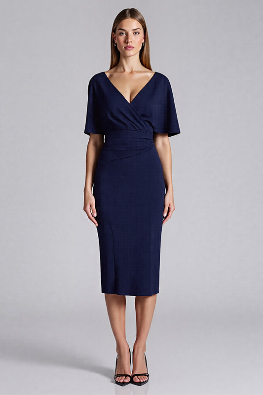 Navy Satin V-Neck Bodycon Midi Cocktail Dress with Ruffles