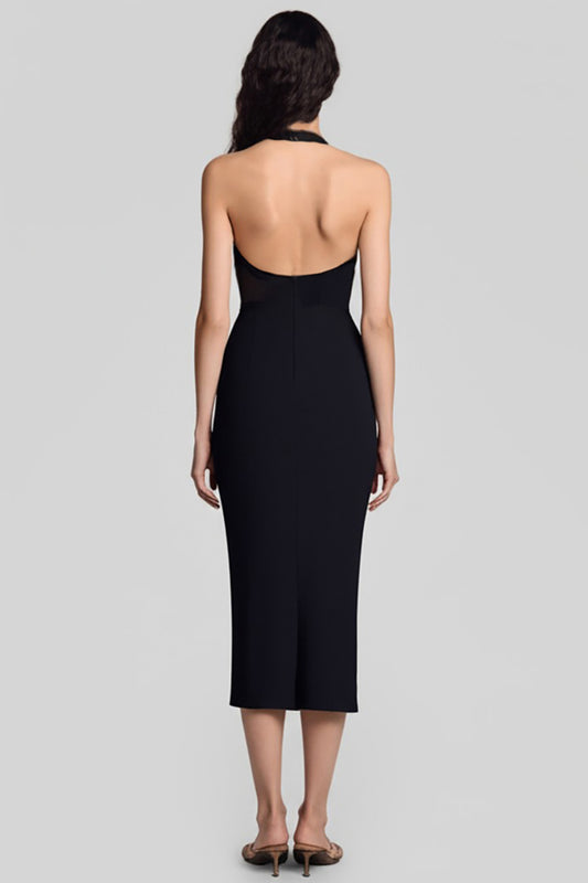Black Satin Halter Bodycon Keyhole Midi Cocktail Dress
