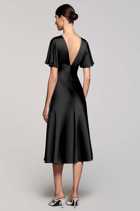 Black Satin A Line V-Neck Midi Cocktail Dress with Ruffles
