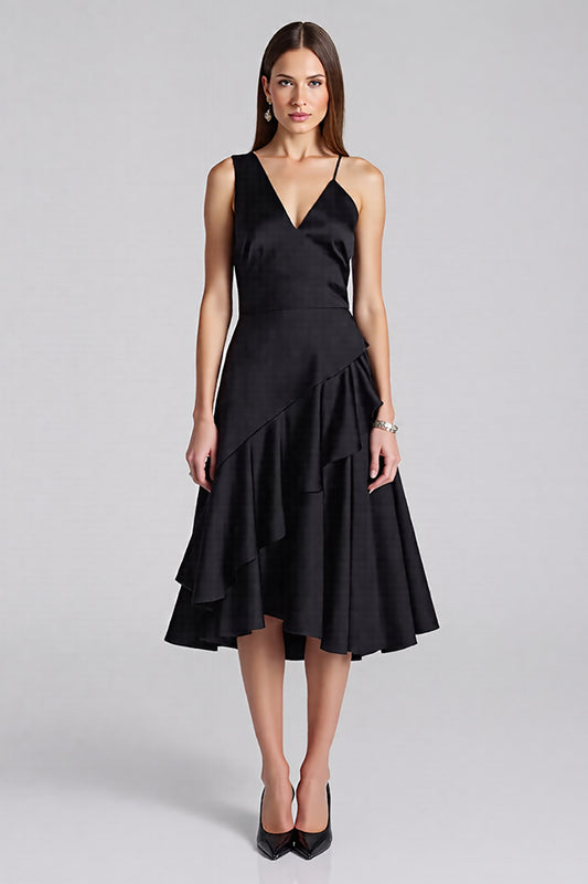 Black A Line Satin V-Neck Midi Cocktail Dress with Ruffles