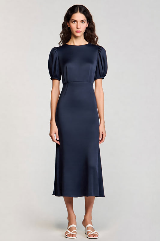 Navy Satin A Line Midi Cocktail Dress with Sleeves
