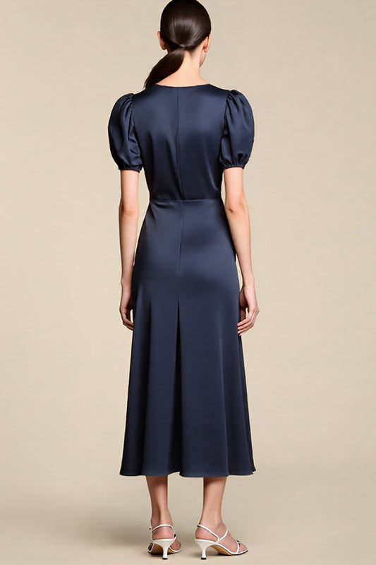 Navy Satin A Line Midi Cocktail Dress with Sleeves
