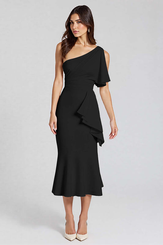 Black Satin One Shoulder Midi Cocktail Dress with Ruffles