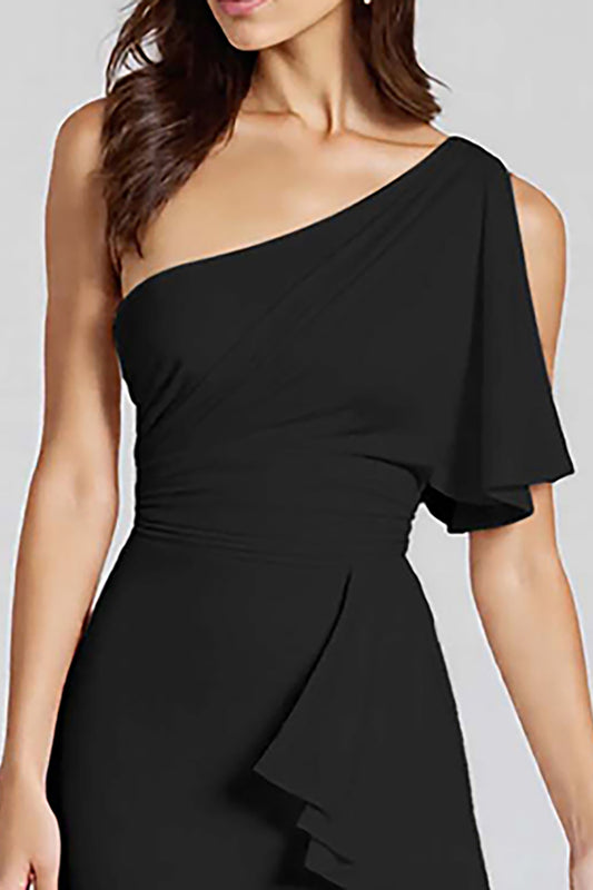 Black Satin One Shoulder Midi Cocktail Dress with Ruffles