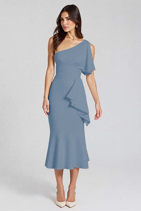 Dusty Blue One Shoulder Satin Midi Cocktail Dress with Ruffles