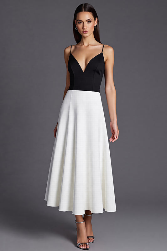 Black and White Patchwork A Line Satin Long Formal Dress