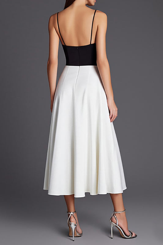 Black and White Patchwork A Line Satin Long Formal Dress