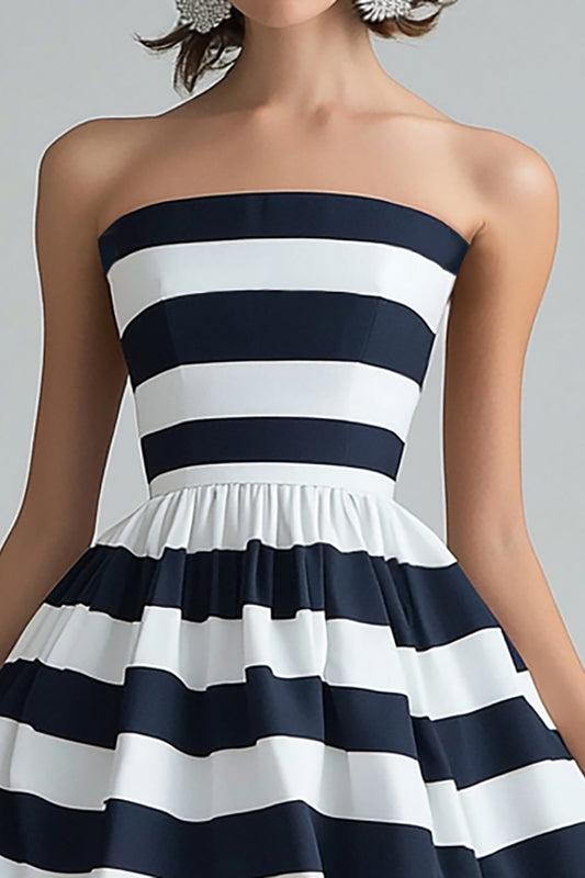 Navy White Stripe A Line Strapless Midi Cocktail Dress