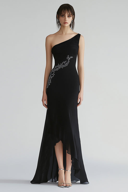 Sparkly Chiffon One Shoulder Long Black Tie Dress with Beading
