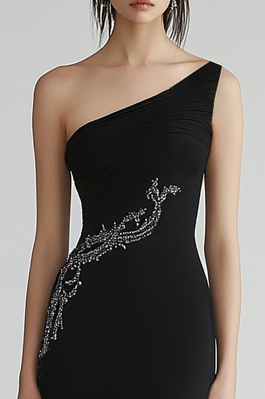 Sparkly Chiffon One Shoulder Long Black Tie Dress with Beading