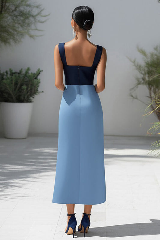 Blue Patchwork Satin Long Formal Dress with Slit