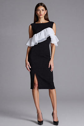 Black and White Satin Bodycon Midi Cocktail Dress with Ruffles