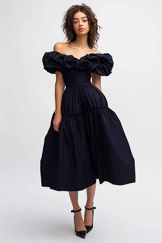 Black Satin A Line Off the Shoulder Midi Cocktail Dress with Ruffles