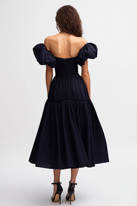 Black Satin A Line Off the Shoulder Midi Cocktail Dress with Ruffles