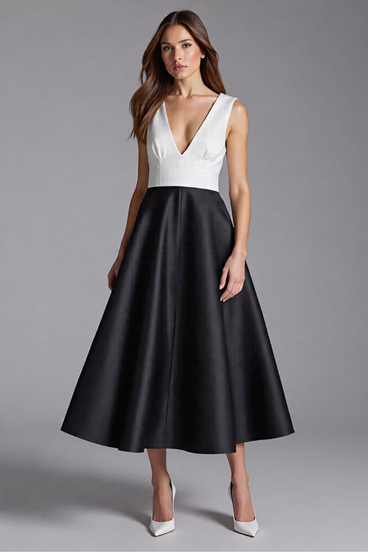 Black and White Patchwork Satin A Line Midi Cocktail Dress