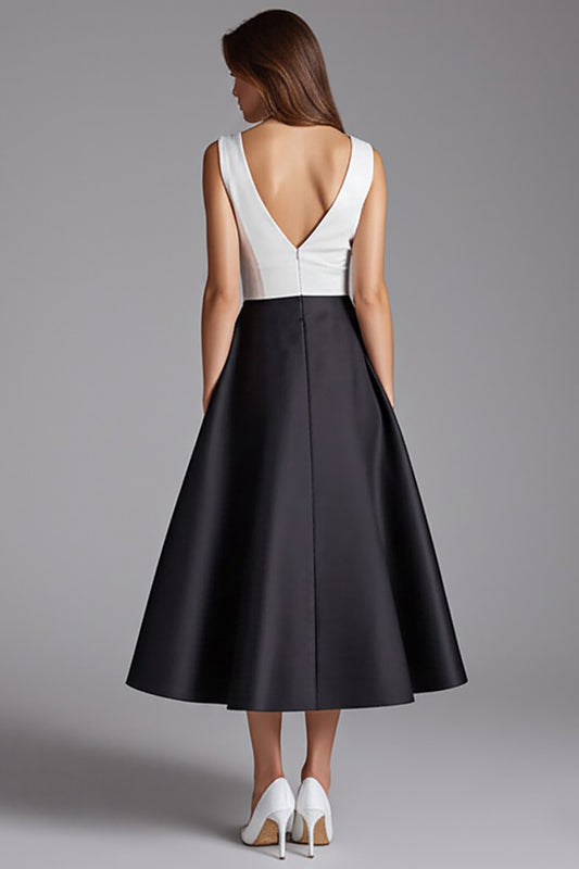 Black and White Patchwork Satin A Line Midi Cocktail Dress