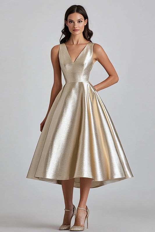 Champagne V-Neck A Line Midi Cocktail Dress
