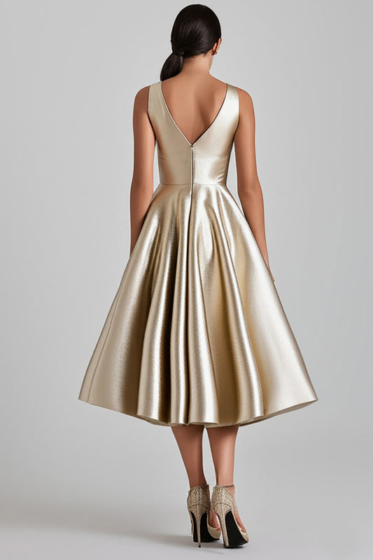 Champagne V-Neck A Line Midi Cocktail Dress