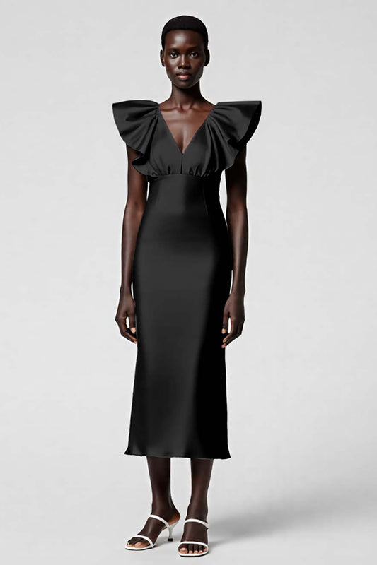 Black Satin Sheath Midi Cocktail Dress with Ruffles