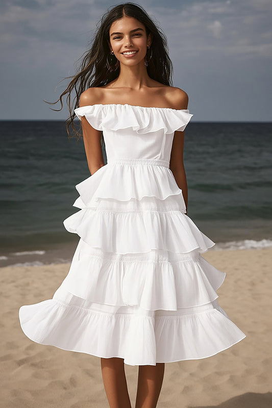 Ivory Tiered Midi Beach Engagement Dress with Ruffles