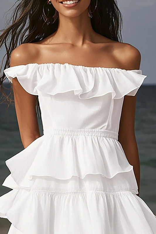 Ivory Tiered Midi Beach Engagement Dress with Ruffles