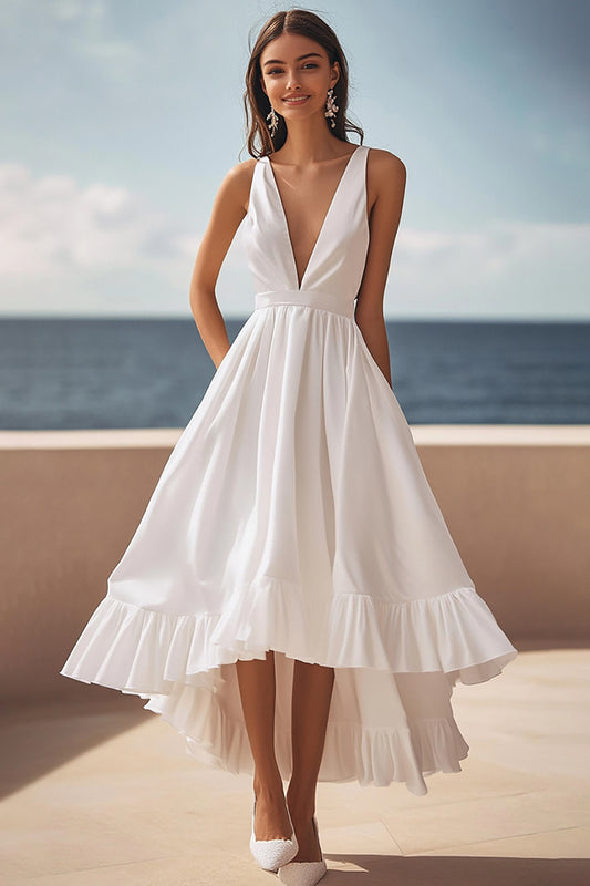 Ivory Satin Deep V-Neck Maxi Engagement Dress